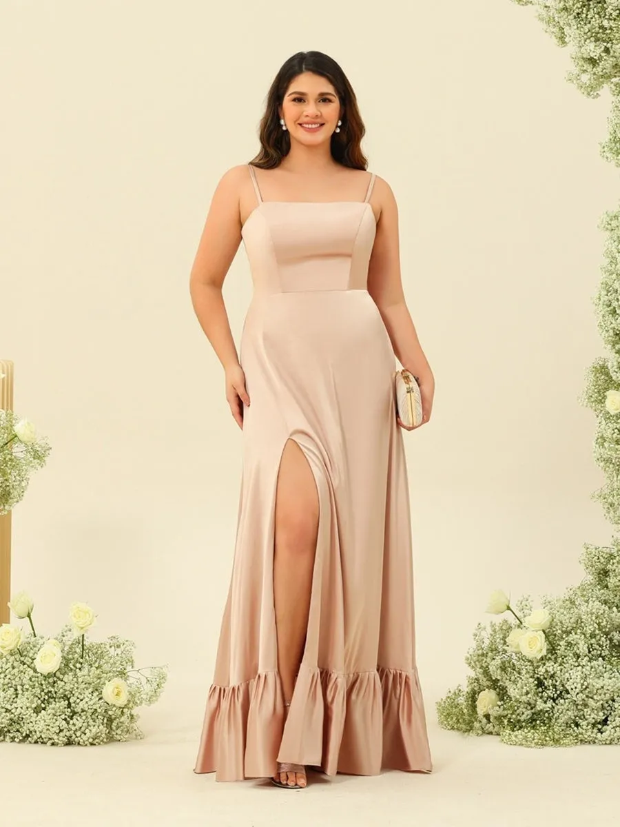 A-Line/Princess Spaghetti Straps Lace-Up Split Side Plus Size Bridesmaid Dresses sold by Lavetir