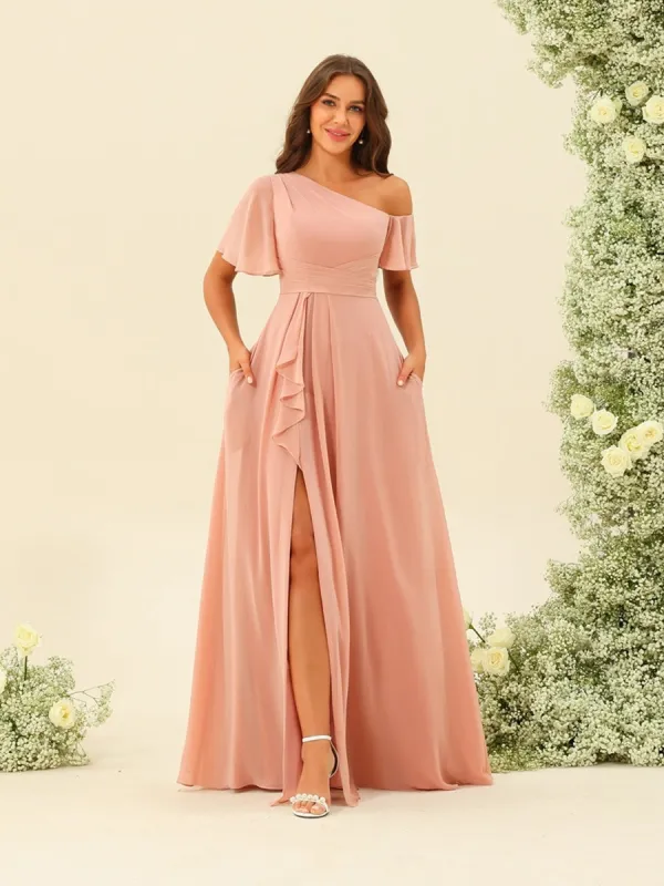A-Line/Princess One-Shoulder Floor-Length Split Side Bridesmaid Dresses sold by Lavetir