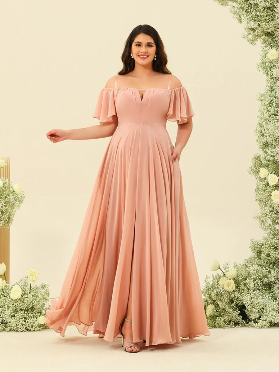 A-Line/Princess Floor-Length Off-the-Shoulder Plus Size Bridesmaid Dresses sold by Lavetir