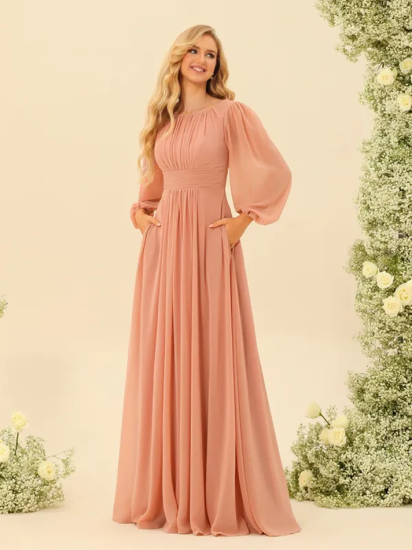 A-Line/Princess Floor-Length Long Sleeves Bridesmaid Dresses With Sash sold by Lavetir
