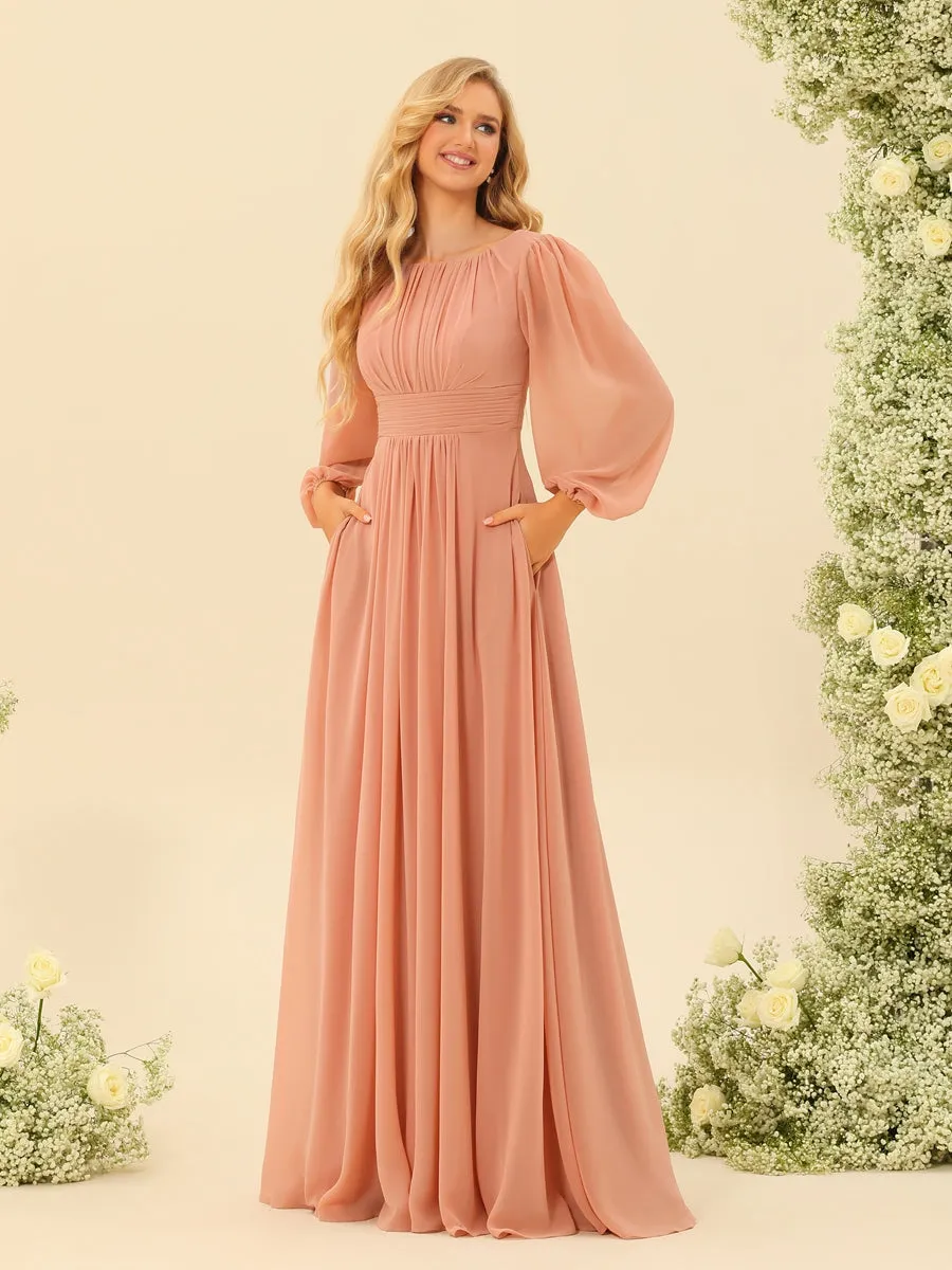A-Line/Princess Floor-Length Long Sleeves Bridesmaid Dresses With Sash sold by Lavetir