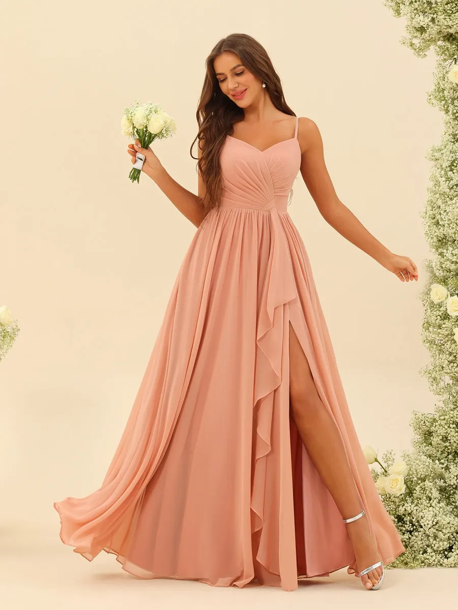 A-Line/Princess Floor-Length Spaghetti Straps Ruffles Bridesmaid Dresses With Split Side sold by Lavetir product image thumbnail 5