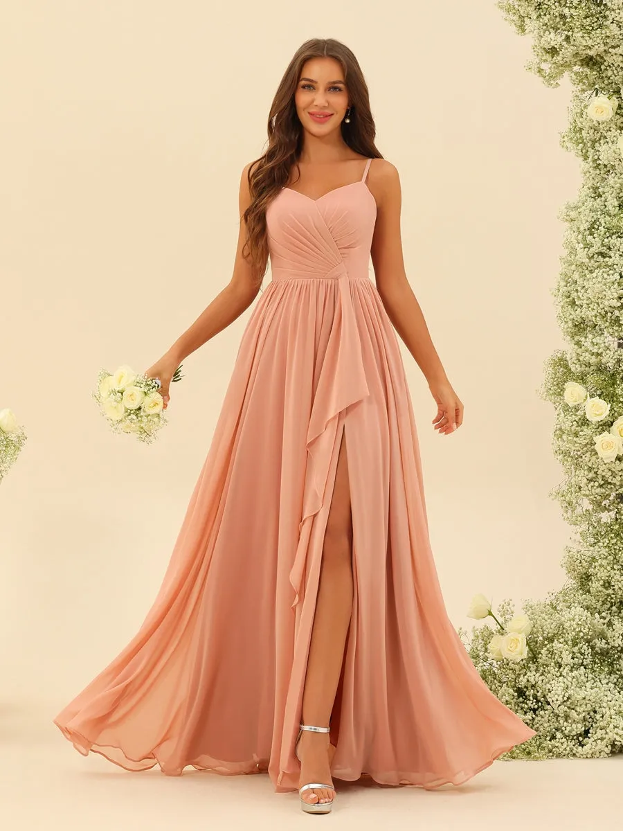 A-Line/Princess Floor-Length Spaghetti Straps Ruffles Bridesmaid Dresses With Split Side sold by Lavetir