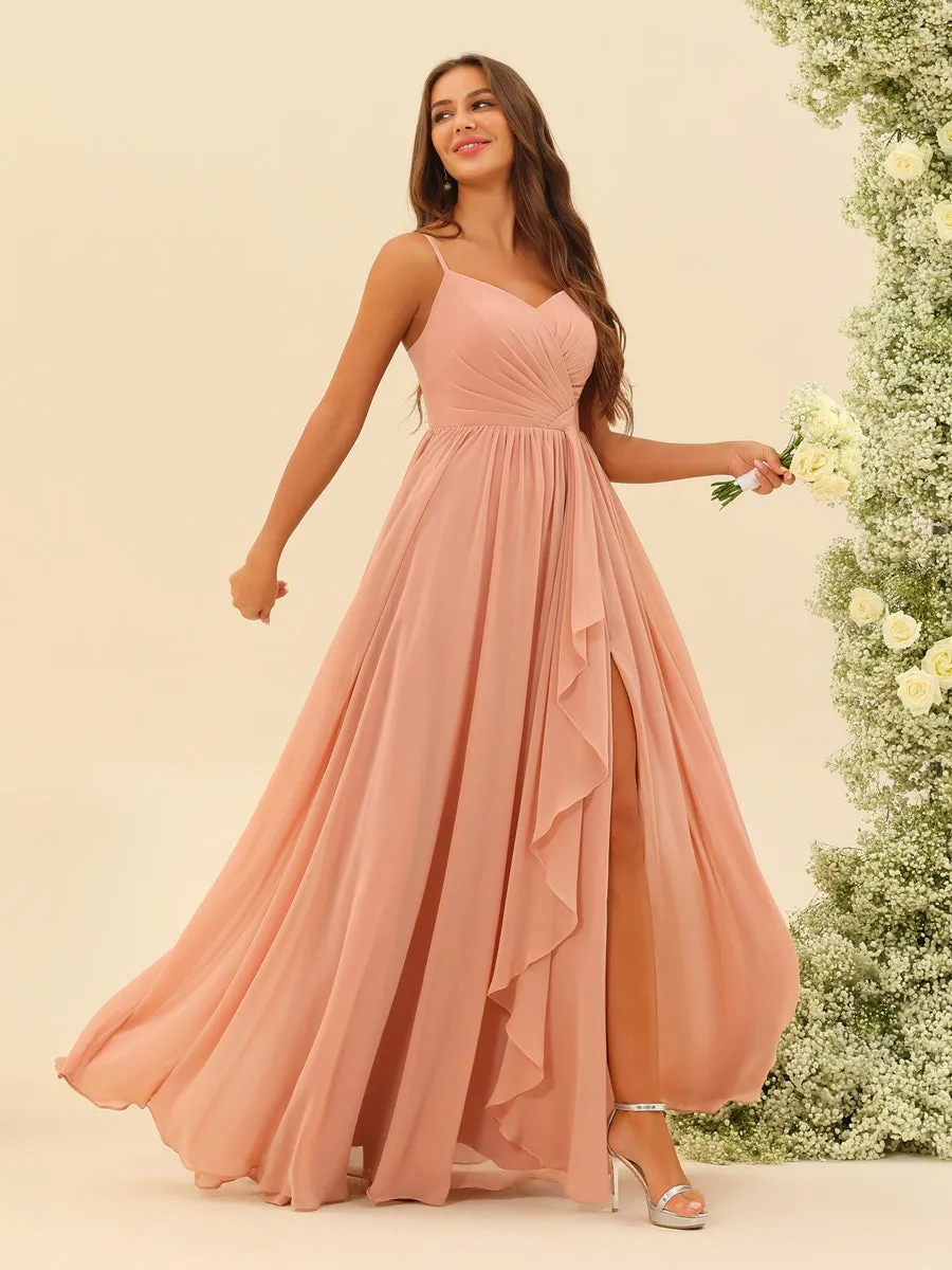 A-Line/Princess Floor-Length Spaghetti Straps Ruffles Bridesmaid Dresses With Split Side sold by Lavetir product image thumbnail 3