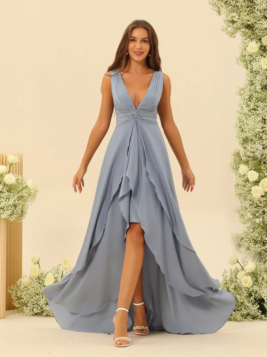 A-Line/Princess Asymmetrical V-Neck Bridesmaid Dresses With Ruffles sold by Lavetir product image thumbnail 4
