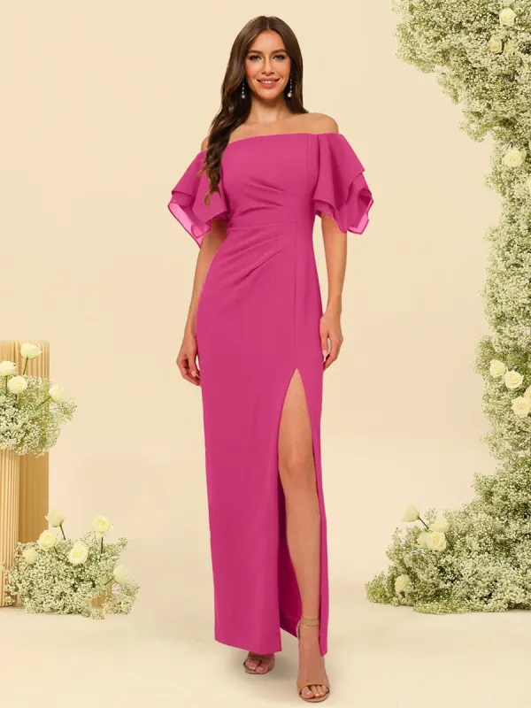 Sheath/Column Off-the-Shoulder Short Sleeves Ankle-Length Chiffon Bridesmaid Dresses with Split Side sold by Lavetir