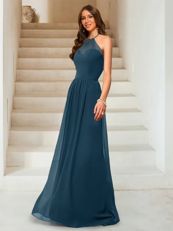 A-Line/Princess Halter Sleeveless Floor-Length Chiffon Ruched Bridesmaid Dresses sold by Lavetir
