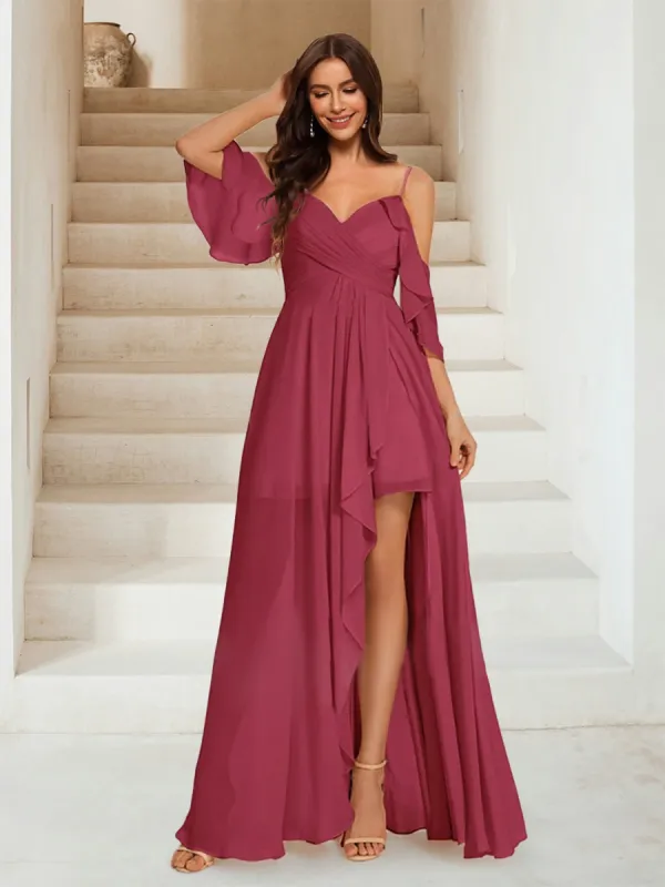 A-Line/Princess V-Neck Short Sleeves Floor-Length Chiffon Bridesmaid Dresses with Ruffles sold by Lavetir