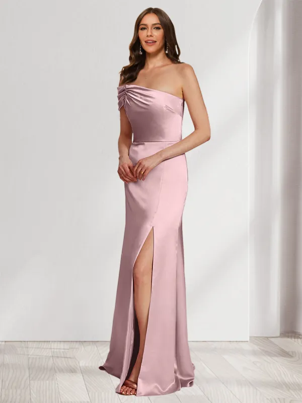 Sheath/Column Off-the-Shoulder Floor-Length Ruched Bridesmaid Dresses With Split Side sold by Lavetir
