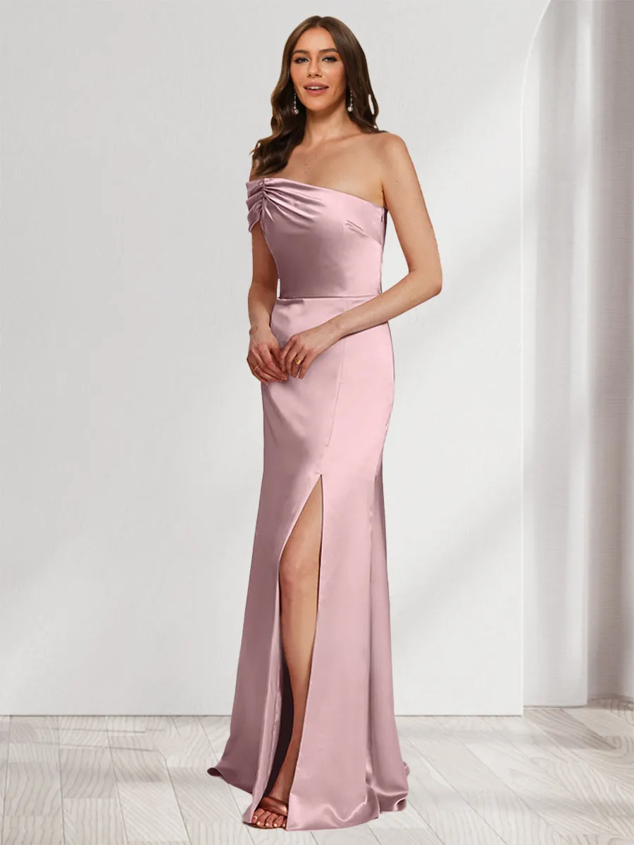 Sheath/Column Off-the-Shoulder Floor-Length Ruched Bridesmaid Dresses With Split Side sold by Lavetir