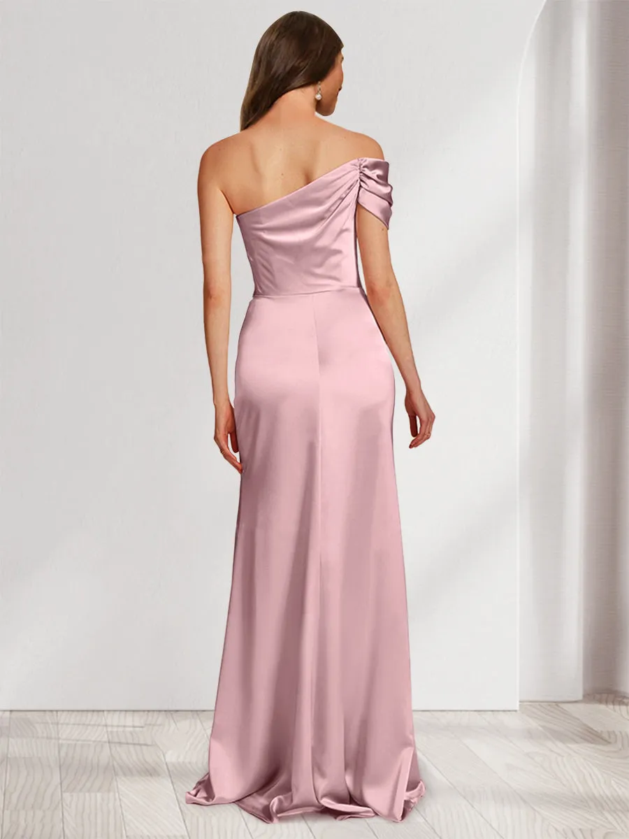Sheath/Column Off-the-Shoulder Floor-Length Ruched Bridesmaid Dresses With Split Side sold by Lavetir product image thumbnail 2