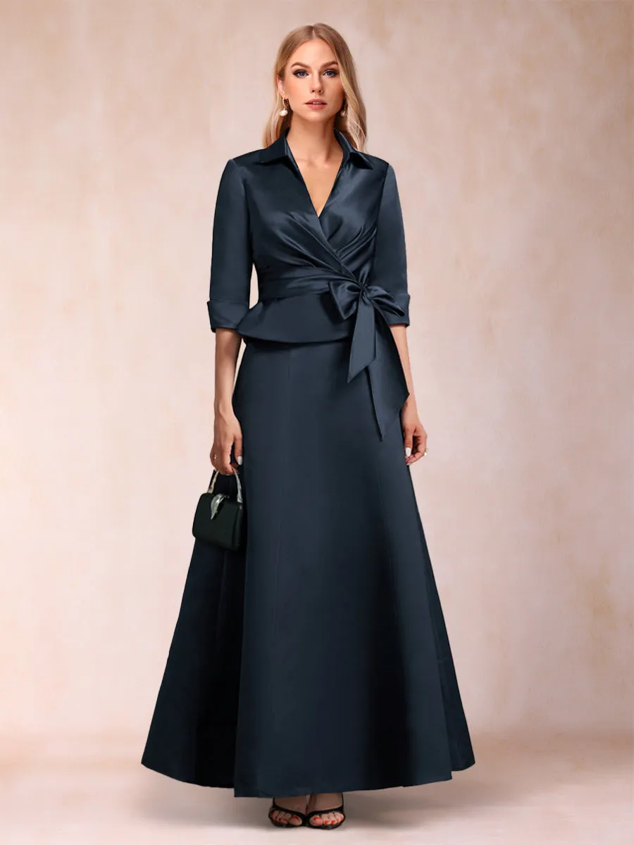 A-Line/Princess Separates V-Neck Ankle-Length Satin Mother of the Bride Dress With Bow Pleats sold by Lavetir