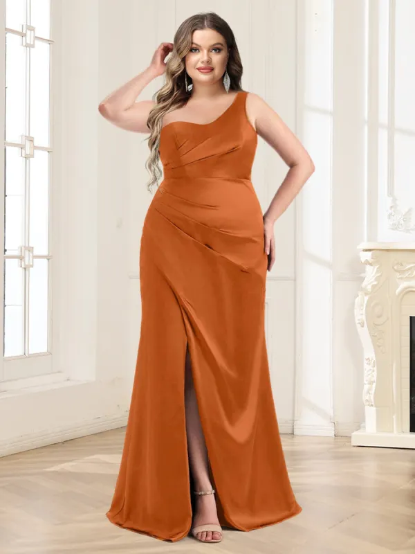 Trumpet/Mermaid One-Shoulder Floor-Length Plus Size Ruched Bridesmaid Dresses sold by Lavetir