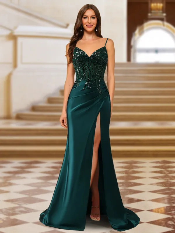 Sparkly Trumpet/Mermaid Spaghetti Straps Long Prom Dresses with Side Slit & Appliques sold by Lavetir