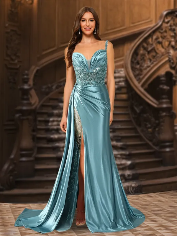 Trumpet/Mermaid Spaghetti Straps Ruched Long Prom Dresses with  Split Side & Appliques sold by Lavetir