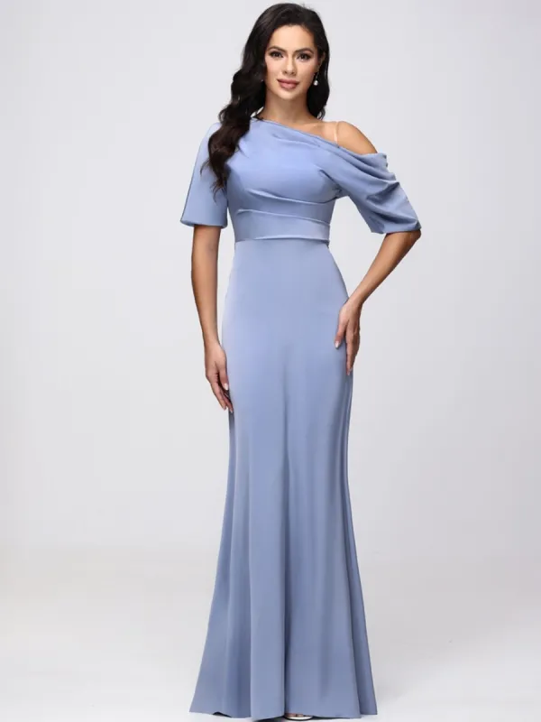 Sheath/Column One-Shoulder Short Sleeves Satin Ruched Long Bridesmaid Dresses sold by Lavetir