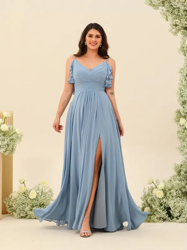 A-Line/Princess Spaghetti Straps Plus Size Ruched Long Bridesmaid Dresses with Split Side sold by Lavetir