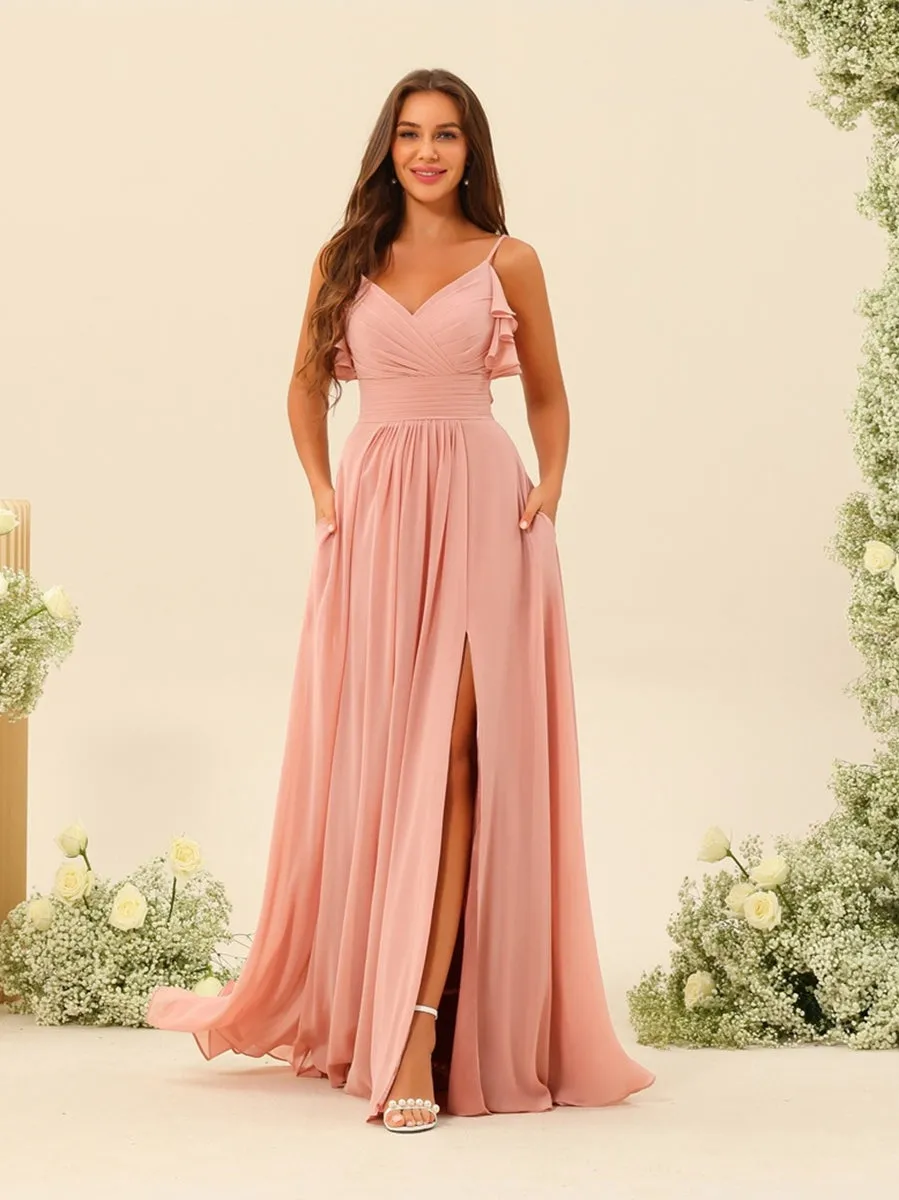 A-Line/Princess Spaghetti Straps Floor-Length Ruched Long Bridesmaid Dresses with Split Side sold by Lavetir
