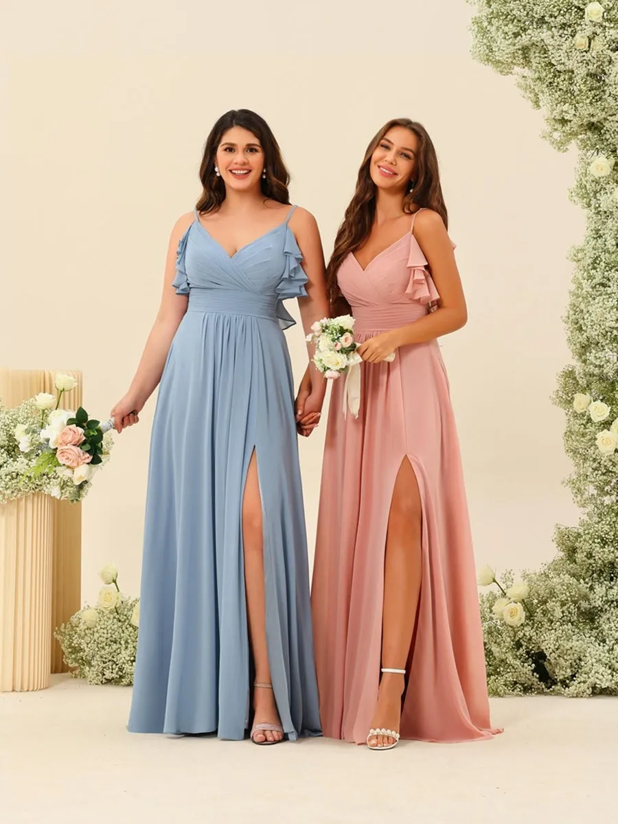 A-Line/Princess Spaghetti Straps Floor-Length Ruched Long Bridesmaid Dresses with Split Side sold by Lavetir product image thumbnail 5