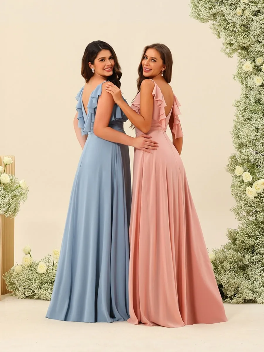 A-Line/Princess Spaghetti Straps Floor-Length Ruched Long Bridesmaid Dresses with Split Side sold by Lavetir product image thumbnail 2