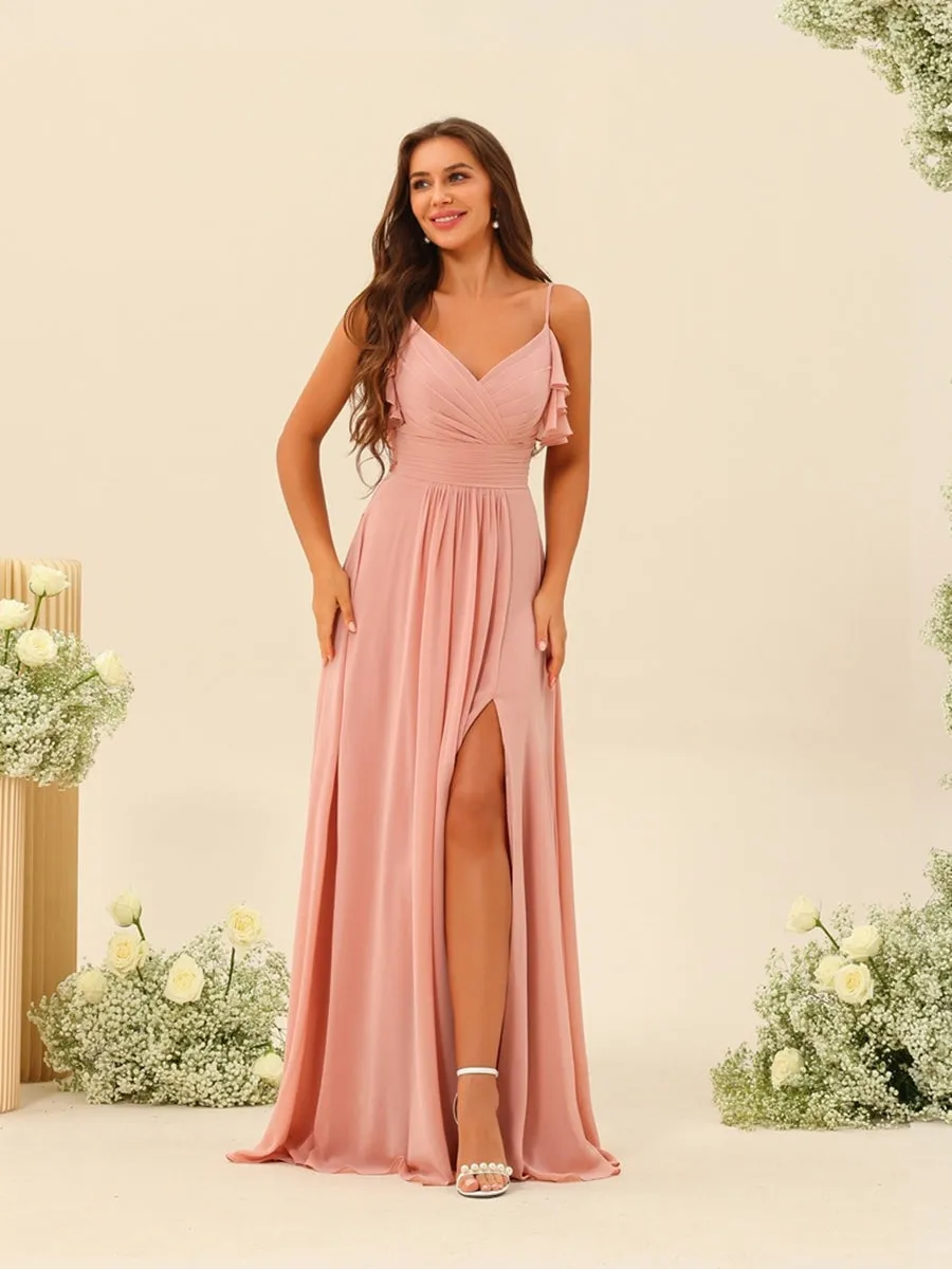 A-Line/Princess Spaghetti Straps Floor-Length Ruched Long Bridesmaid Dresses with Split Side sold by Lavetir product image thumbnail 3