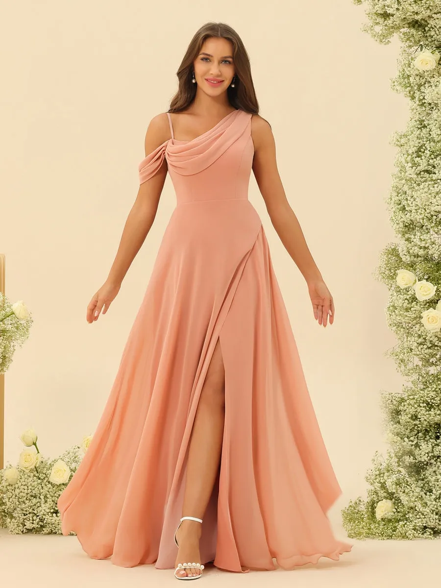 A-Line/Princess Cowl Neck Floor-Length Chiffon Long Bridesmaid Dresses with Split Side sold by Lavetir product image thumbnail 3