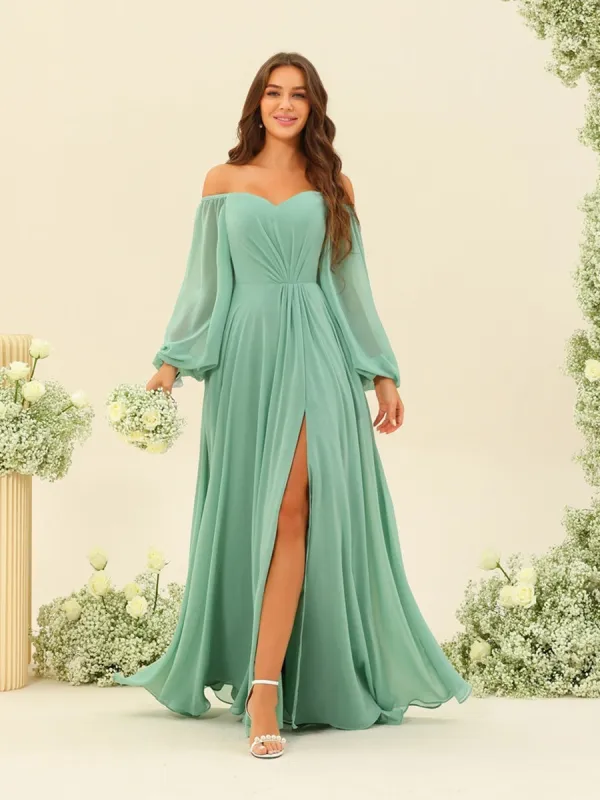 A-Line/Princess Sweetheart Floor-Length Long Bridesmaid Dresses with Split Side & Ruffles sold by Lavetir