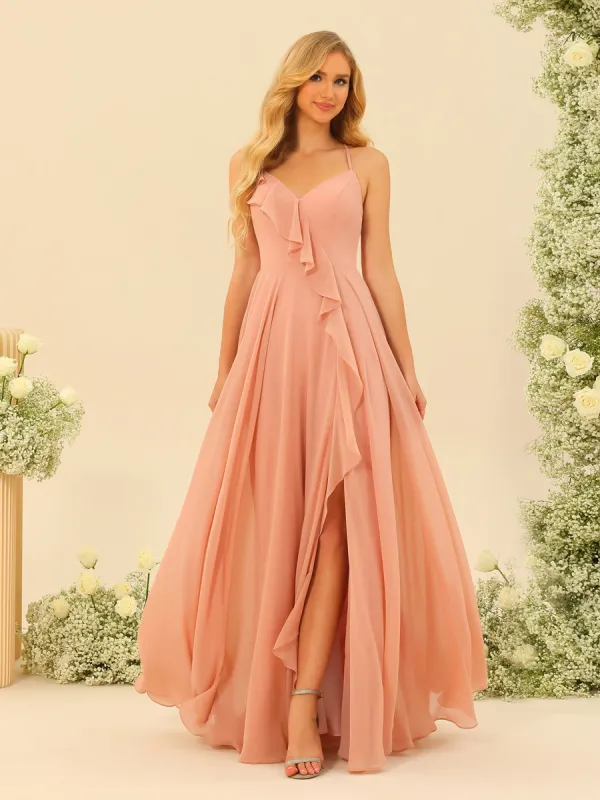 A-Line/Princess Spaghetti Straps V-Neck Long Bridesmaid Dresses with Split Side & Ruffles sold by Lavetir