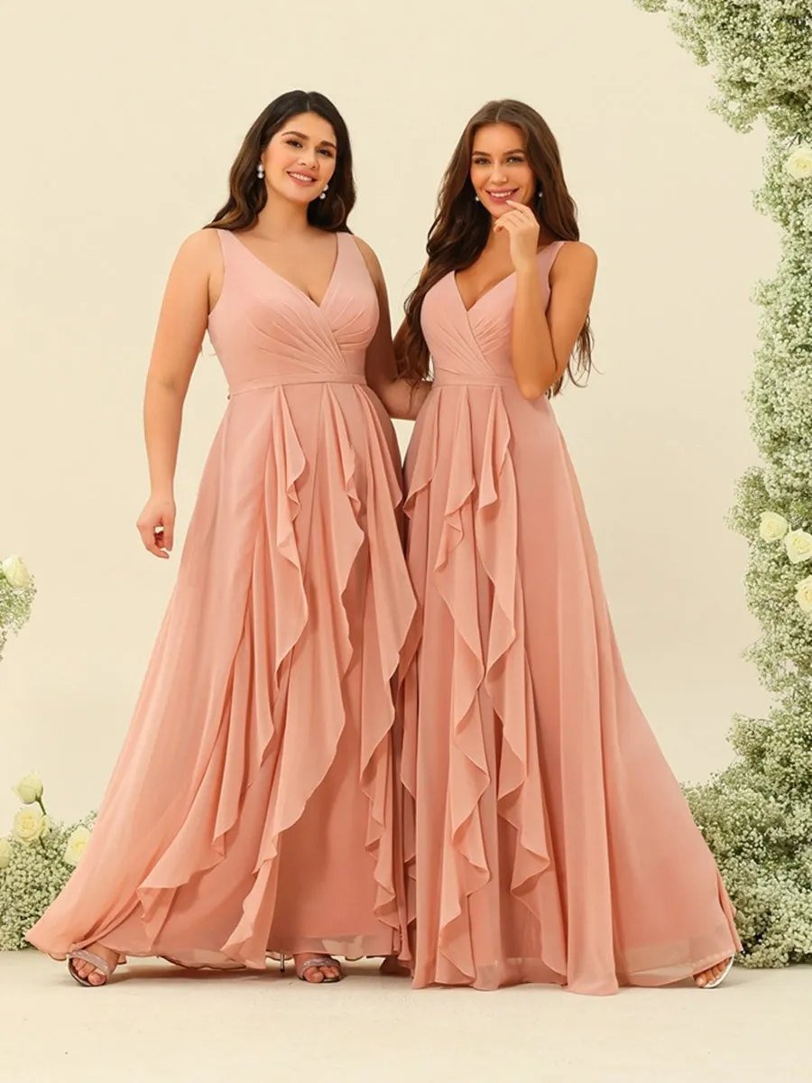 A-Line/Princess V-Neck Sleeveless Long Plus Size Ruched Bridesmaid Dresses with Ruffles sold by Lavetir product image thumbnail 3