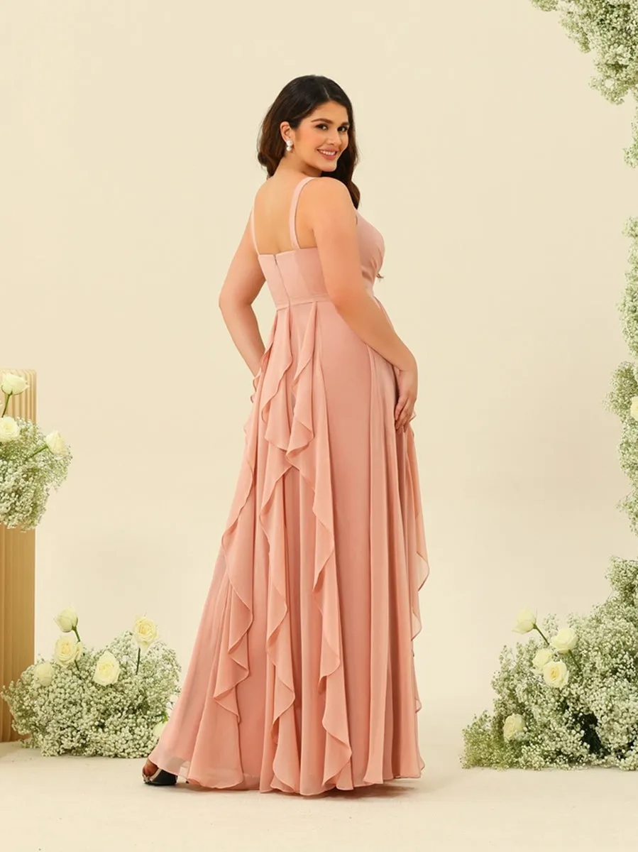 A-Line/Princess V-Neck Sleeveless Long Plus Size Ruched Bridesmaid Dresses with Ruffles sold by Lavetir product image thumbnail 2