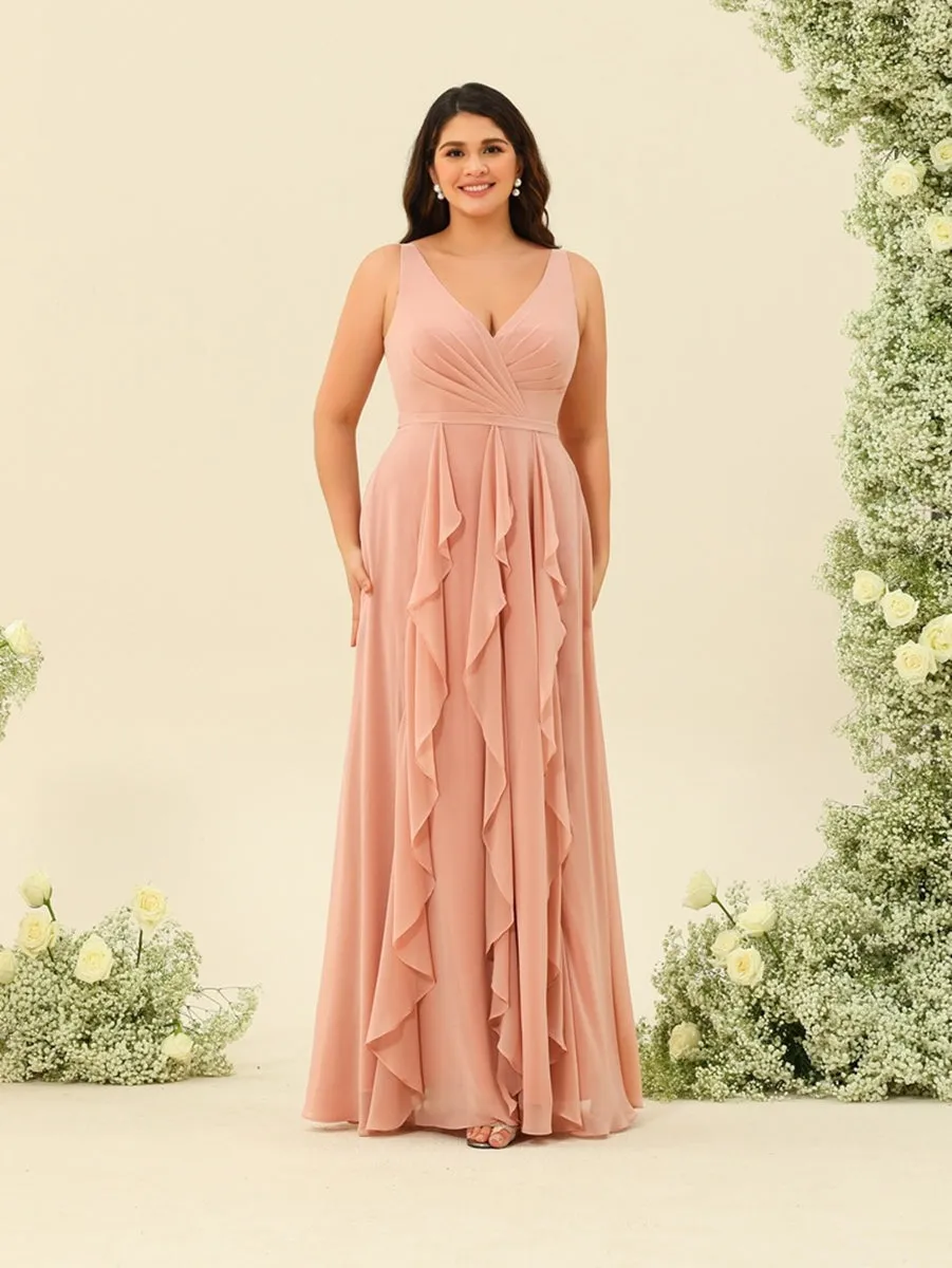 A-Line/Princess V-Neck Sleeveless Long Plus Size Ruched Bridesmaid Dresses with Ruffles sold by Lavetir