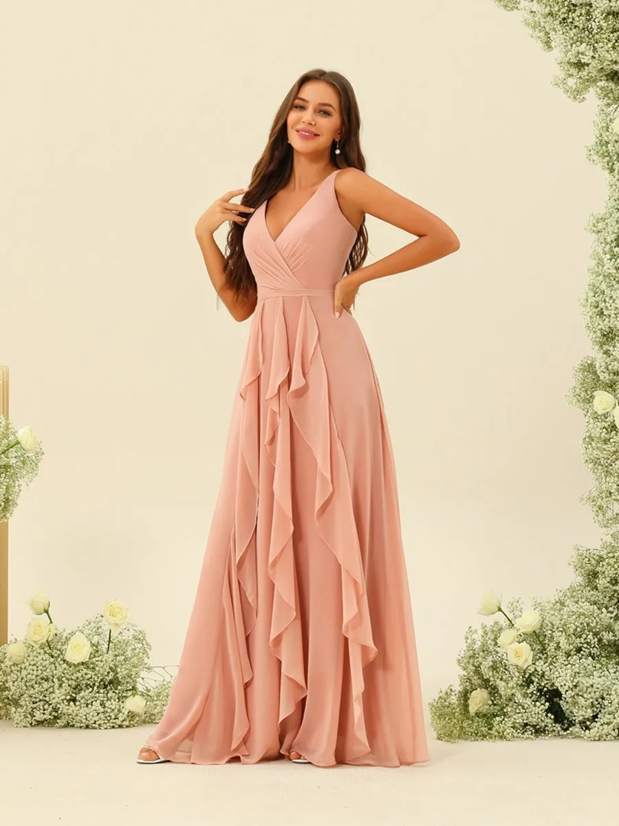 A-Line/Princess V-Neck Sleeveless Long Ruched Bridesmaid Dresses with Ruffles sold by Lavetir product image thumbnail 5