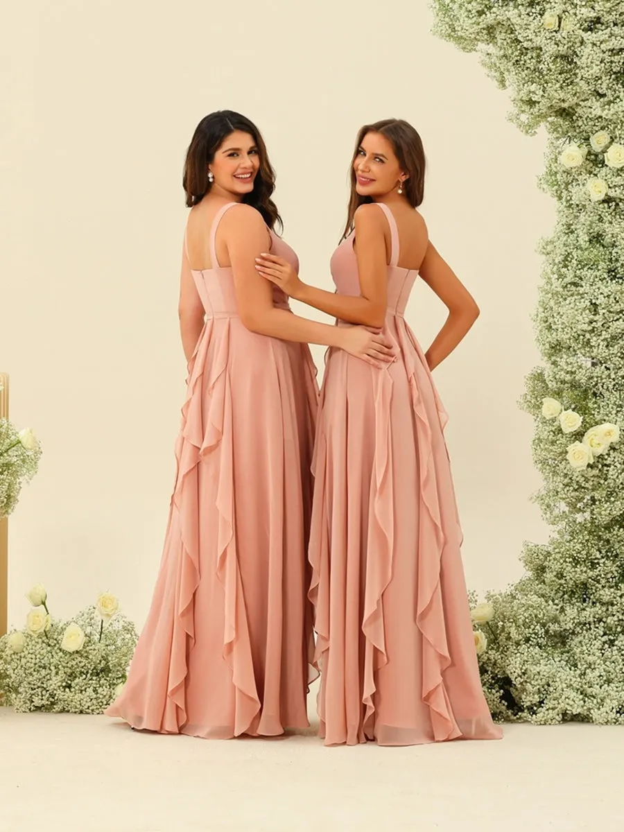 A-Line/Princess V-Neck Sleeveless Long Ruched Bridesmaid Dresses with Ruffles sold by Lavetir product image thumbnail 2