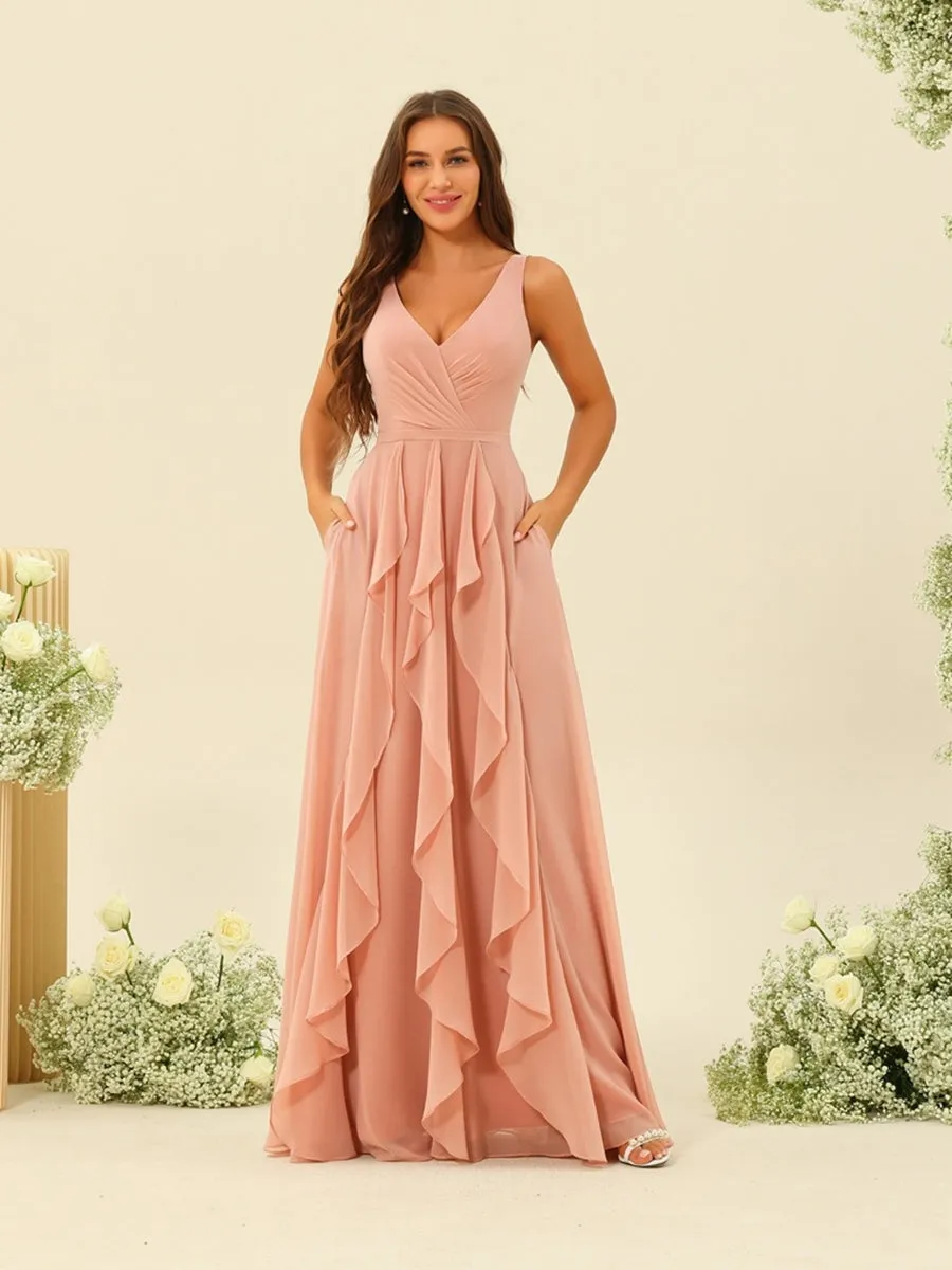 A-Line/Princess V-Neck Sleeveless Long Ruched Bridesmaid Dresses with Ruffles sold by Lavetir