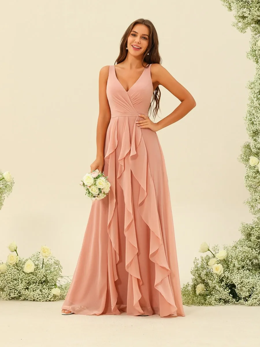 A-Line/Princess V-Neck Sleeveless Long Ruched Bridesmaid Dresses with Ruffles sold by Lavetir product image thumbnail 3