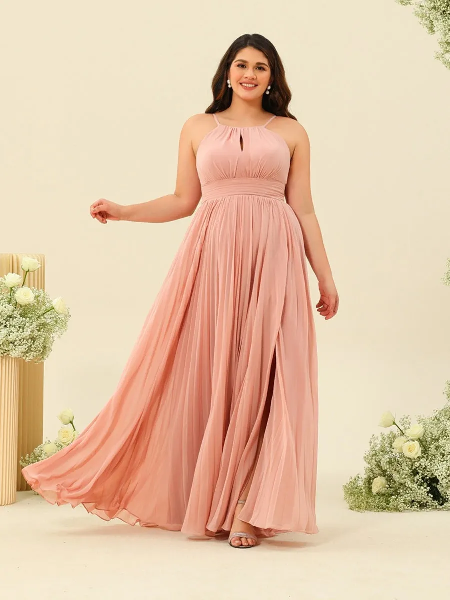 A-Line/Princess Halter Plus Size Long Bridesmaid Dresses with Split Side & Ruffles sold by Lavetir