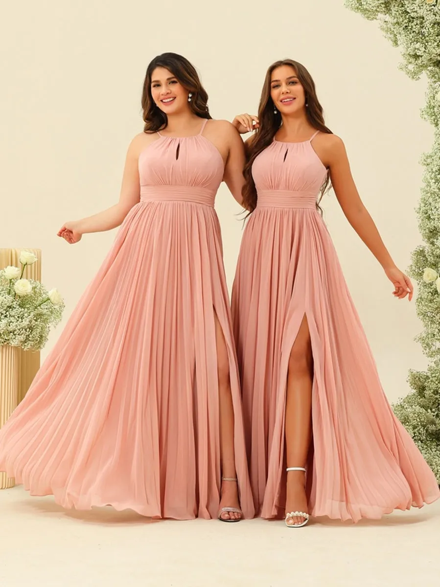 A-Line/Princess Halter Plus Size Long Bridesmaid Dresses with Split Side & Ruffles sold by Lavetir product image thumbnail 4