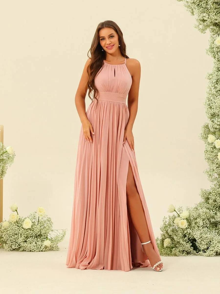 A-Line/Princess Halter Sleeveless Long Bridesmaid Dresses with Split Side & Ruffles sold by Lavetir product image thumbnail 3