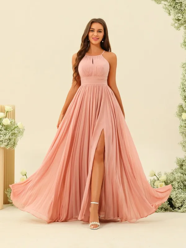 A-Line/Princess Halter Sleeveless Long Bridesmaid Dresses with Split Side & Ruffles sold by Lavetir