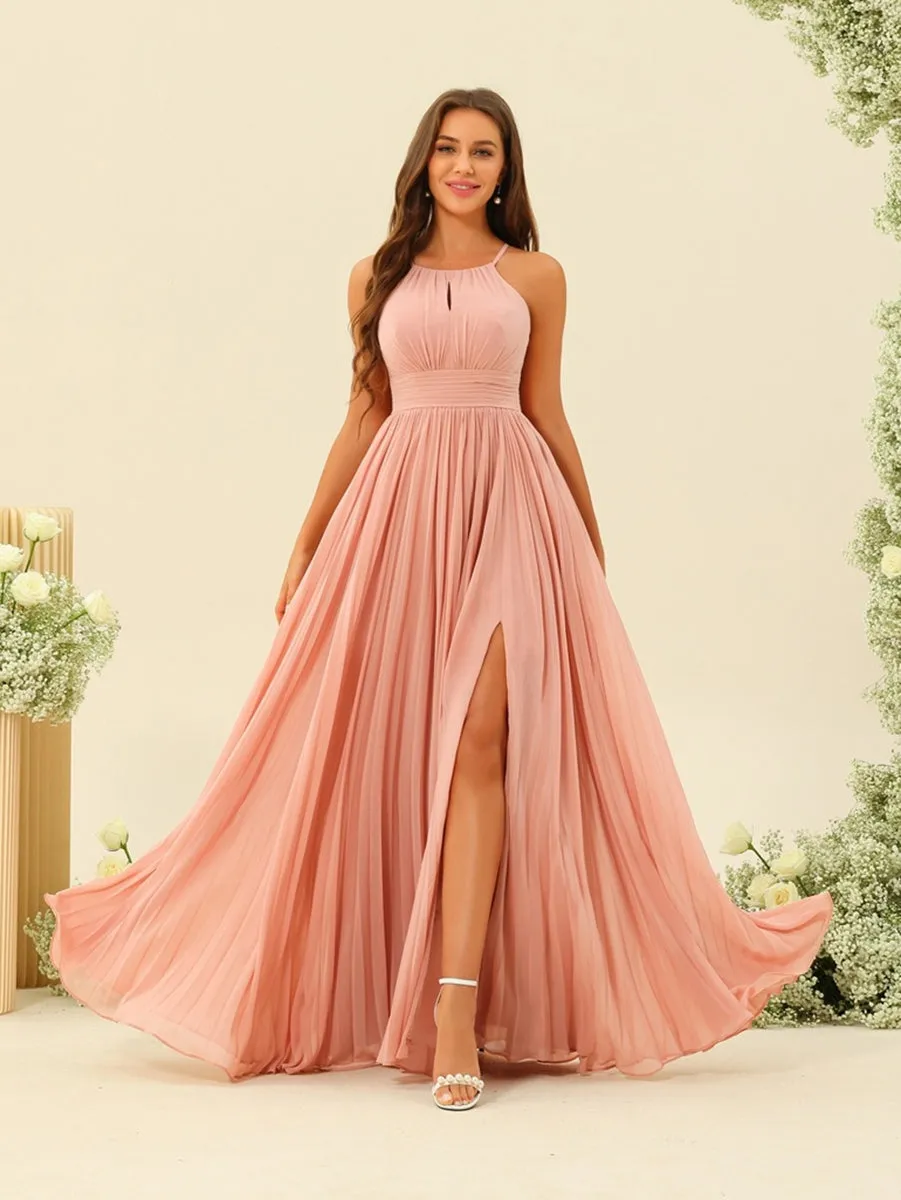 A-Line/Princess Halter Sleeveless Long Bridesmaid Dresses with Split Side & Ruffles sold by Lavetir