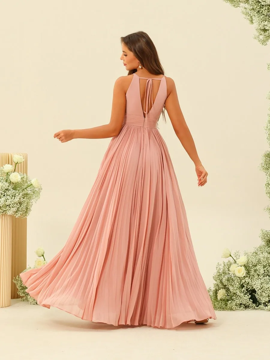 A-Line/Princess Halter Sleeveless Long Bridesmaid Dresses with Split Side & Ruffles sold by Lavetir product image thumbnail 2