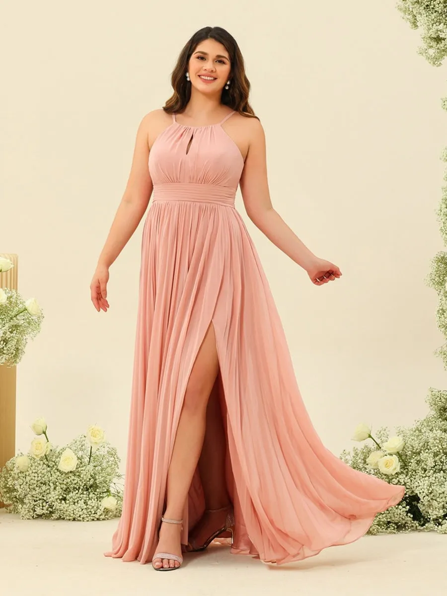 A-Line/Princess Halter Sleeveless Long Bridesmaid Dresses with Split Side & Ruffles sold by Lavetir product image thumbnail 4