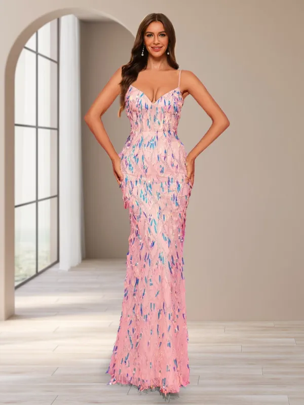 Sheath/Column Spaghetti Straps Sleeveless Floor-Length Bridesmaid Dresses with Sequins sold by Lavetir