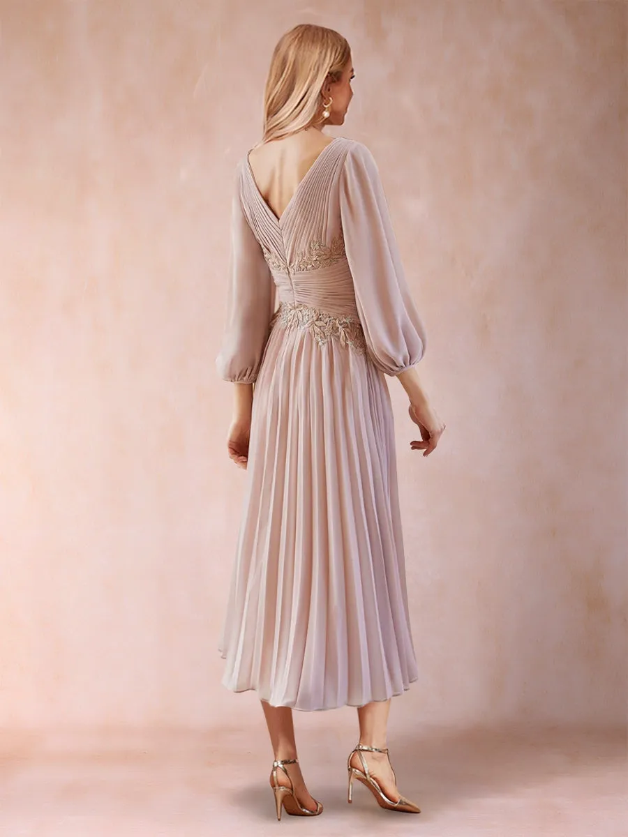 A-Line/Princess V-Neck Tea-Length Chiffon Mother of the Bride Dresses With Pleats & Sequins sold by Lavetir product image thumbnail 2