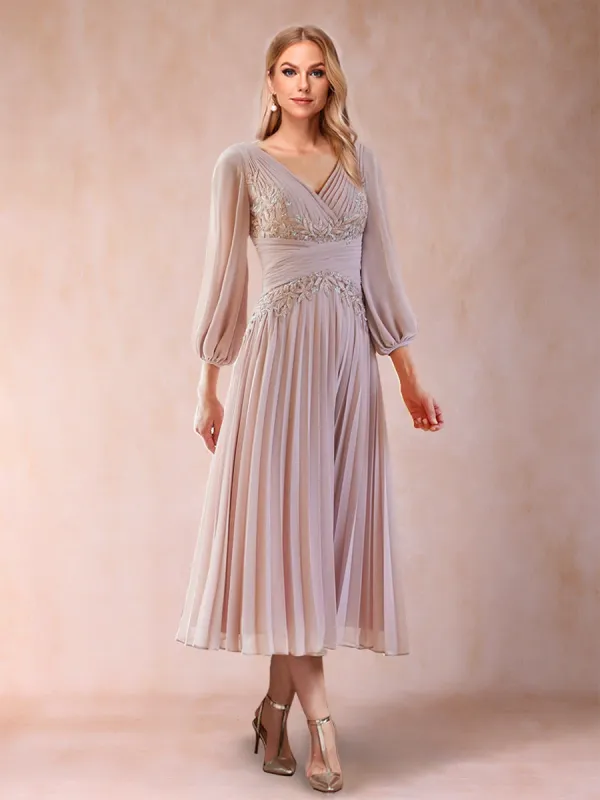 A-Line/Princess V-Neck Tea-Length Chiffon Mother of the Bride Dresses With Pleats & Sequins sold by Lavetir