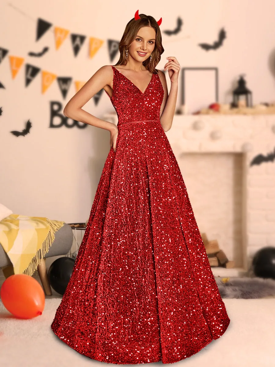 A-Line/Princess V-Neck Long Halloween Dresses with Belt sold by Lavetir