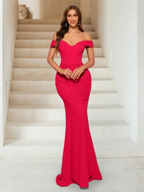 Sheath/Column Off-the-Shoulder V-Neck Sweep Train Chiffon Bridesmaid Dresses sold by Lavetir