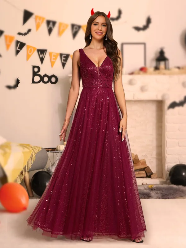A-Line/Princess V-Neck Floor-Length Halloween Dresses With Ruffles sold by Lavetir