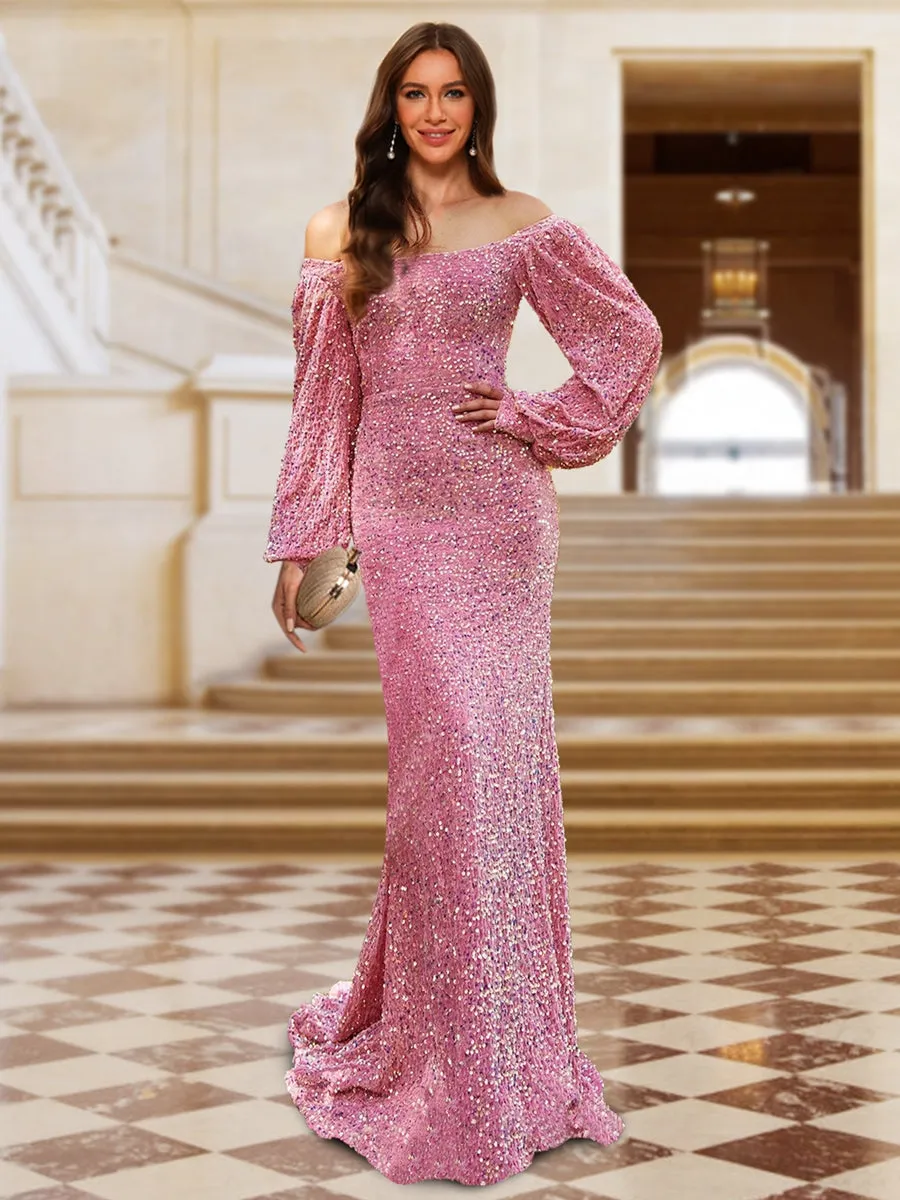 Sheath/Column Off-the-Shoulder Long Sleeves Sweep Train Prom Dresses sold by Lavetir