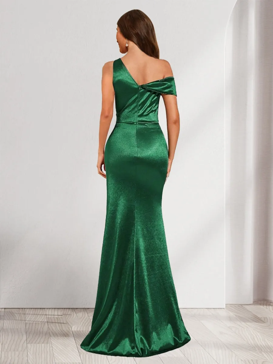 Sheath/Column V-Neck Sleeveless Floor-Length Ruched Satin Bridesmaid Dresses with Split Side sold by Lavetir product image thumbnail 2